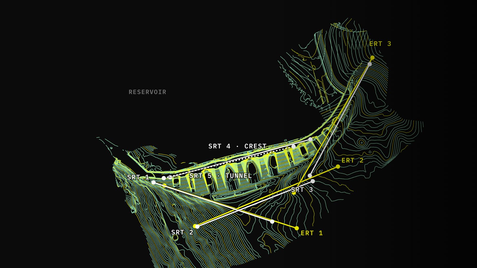 Plan of the eight geophysical survey lines drawn over the topography of Casoli Dam, Abruzzo